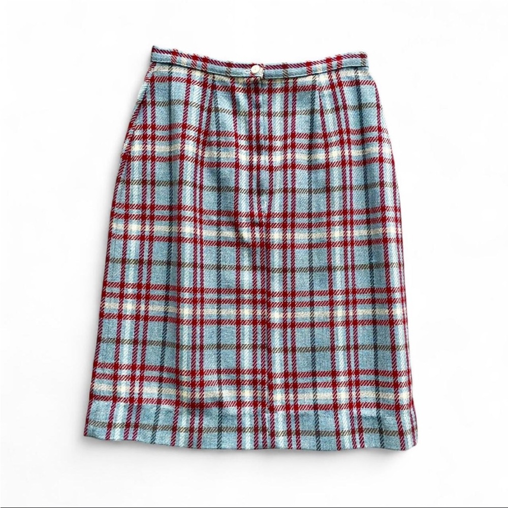 Vintage 70s blue red plaid skirt midi tweed style material thick 25”
